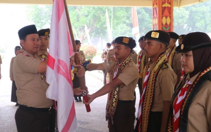 Acara pelepasan Kontingen Raimuna Nasional XII Tahun 2023 di Kantor Bupati Lampung Barat di Liwa, Sabtu (12/8/2023). (foto: ant)