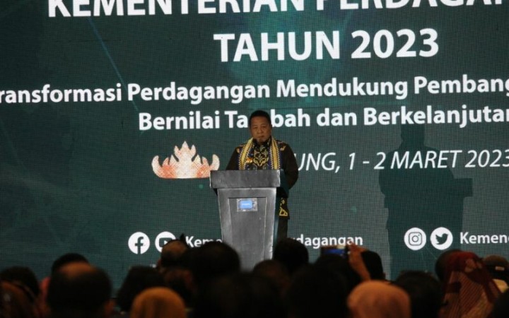 Gubernur Lampung Arinal Djunaidi saat memberi sambutan dalam rakor Kementerian Perdagangan. Bandarlampung, Rabu (1/3/2023).