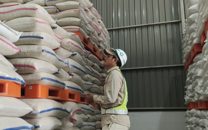 Ilustrasi- Petugas Bulog Lampung tengah melihat stok beras di gudang Bulog. (ant)