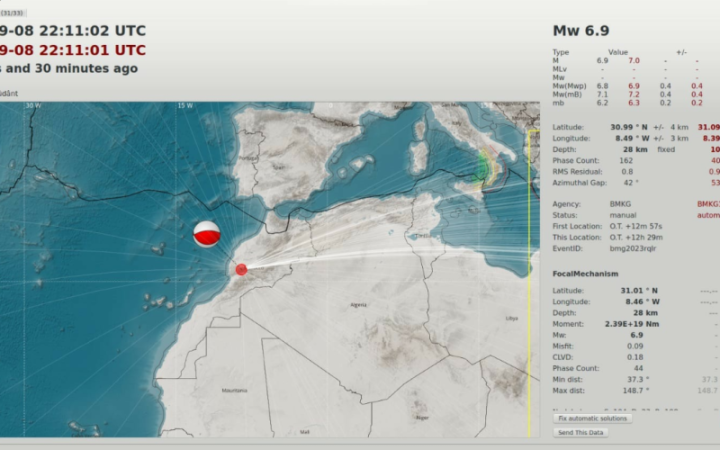 Titik pusat gempa magnitudo 6,9 di Maroko, Sabtu (9/9/2023). (foto:gemapos/ant/BMKG)
