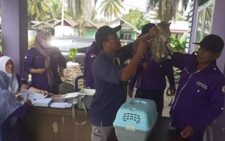 Petugas memberikan suntikan vaksin rabies pada hewan peliharaan di Kabupaten Mukomuko, Provinsi Bengkulu, Kamis (foto: gemapos/ antara