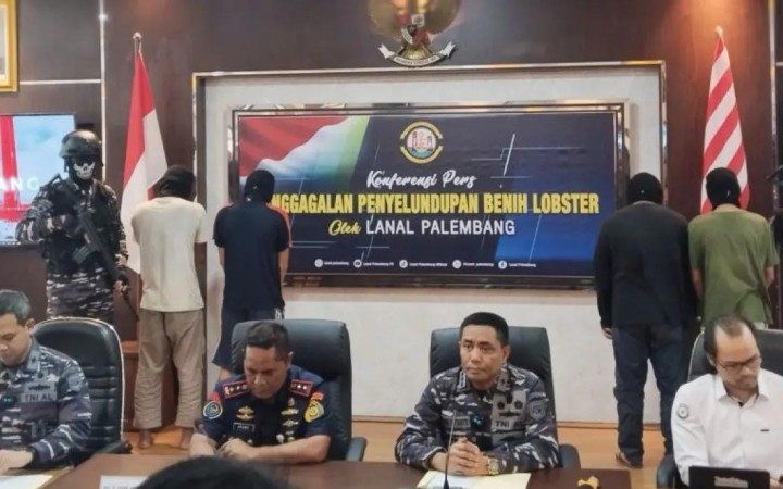 Konferensi pers penyelundupan benih lobster di Lanal Palembang, Sumatera Selatan, Senin (6/5/2024). (foto: gemapos/antara)