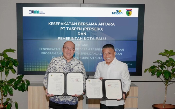 Penandatanganan kesepakatan kerja sama oleh Direktur Utama TASPEN A.N.S. Kosasih dan Walikota Palu H. Hadianto Rasyid di Gedung TASPEN, Jakarta Pusat, Rabu (24/1/2024). (gemapos/BUMN)