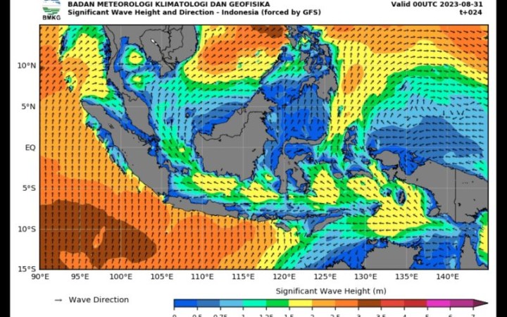 Peta potensi gelombang tinggi yang dirilis Badan Meteorologi Klimatologi, dan Geofisika (BMKG) pada Kamis (30/8/2023).(foto:gemapos/antara/BMKG)