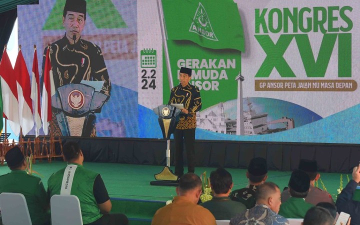 Presiden Jokowi dalam Pembukaan Kongres XVI GP Ansor, di Pelabuhan Tanjung Priok, Jakarta Utara, DKI Jakarta, Jumat (02/02/2024). (gemapos/Humas Setkab)