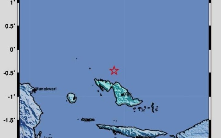 Peta Pusat Gempa M5,2 yang Guncang Wilayah Samudera Pasifik, Biak Numfor, Papua, Selasa (21/11/2023) Pukul 14.12.15 WIB. (gemapos/BMKG)