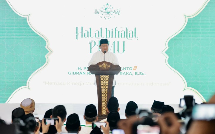 Prabowo Subianto saat menghadiri acara halalbihalal PBNU di Jakarta, Minggu (29/4/2024).. (gemapos)