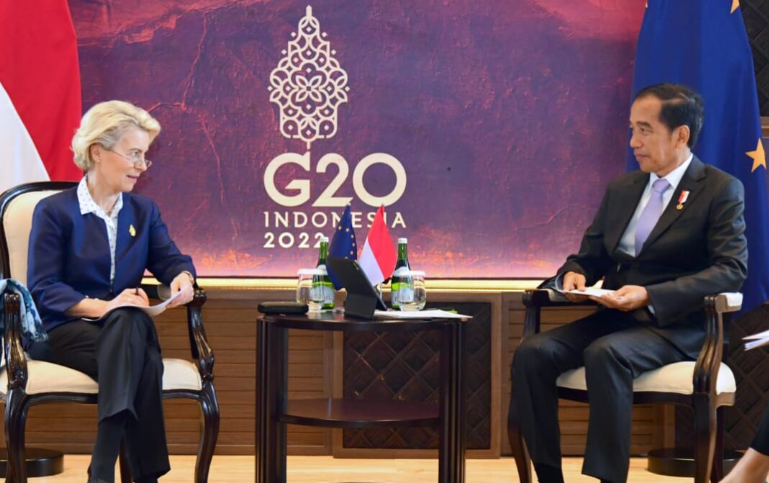 Presiden Joko Widodo (kanan) melakukan pertemuan bilateral dengan Presiden Uni Eropa Ursula von der Leyen (kiri) di sela rangkaian kegiatan KTT G20 Indonesia di Nusa Dua, Bali, Senin (14/11/2022). (ist)