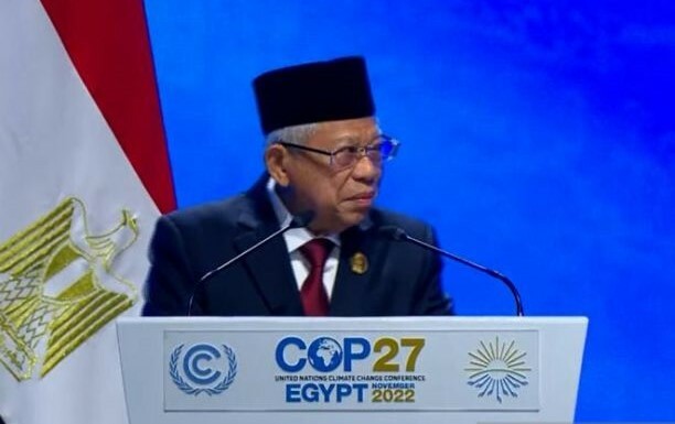 Wakil Presiden Ma'ruf Amin menyampaikan pernyataan nasional (national statement) dalam Konferensi Tingkat Tinggi (KTT) Conference of The Parties 27 (COP27) di Sharm El-Sheikh, Mesir pada Senin (7/11/2022). (ant)